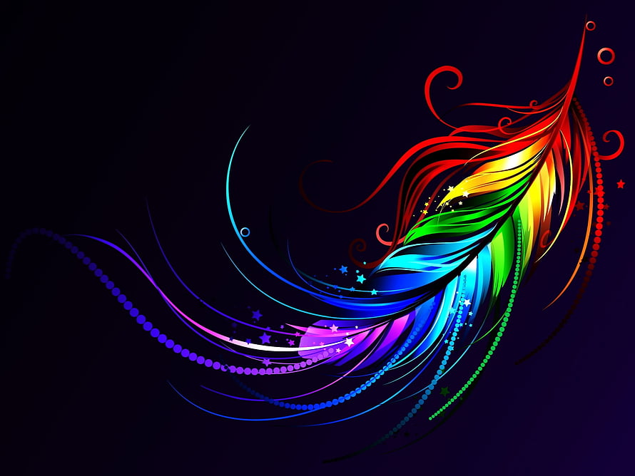 Vibrant Rainbow Feather Abstract Art with Swirling Neon Lines and Star Accents on Dark Background HD wallpaper