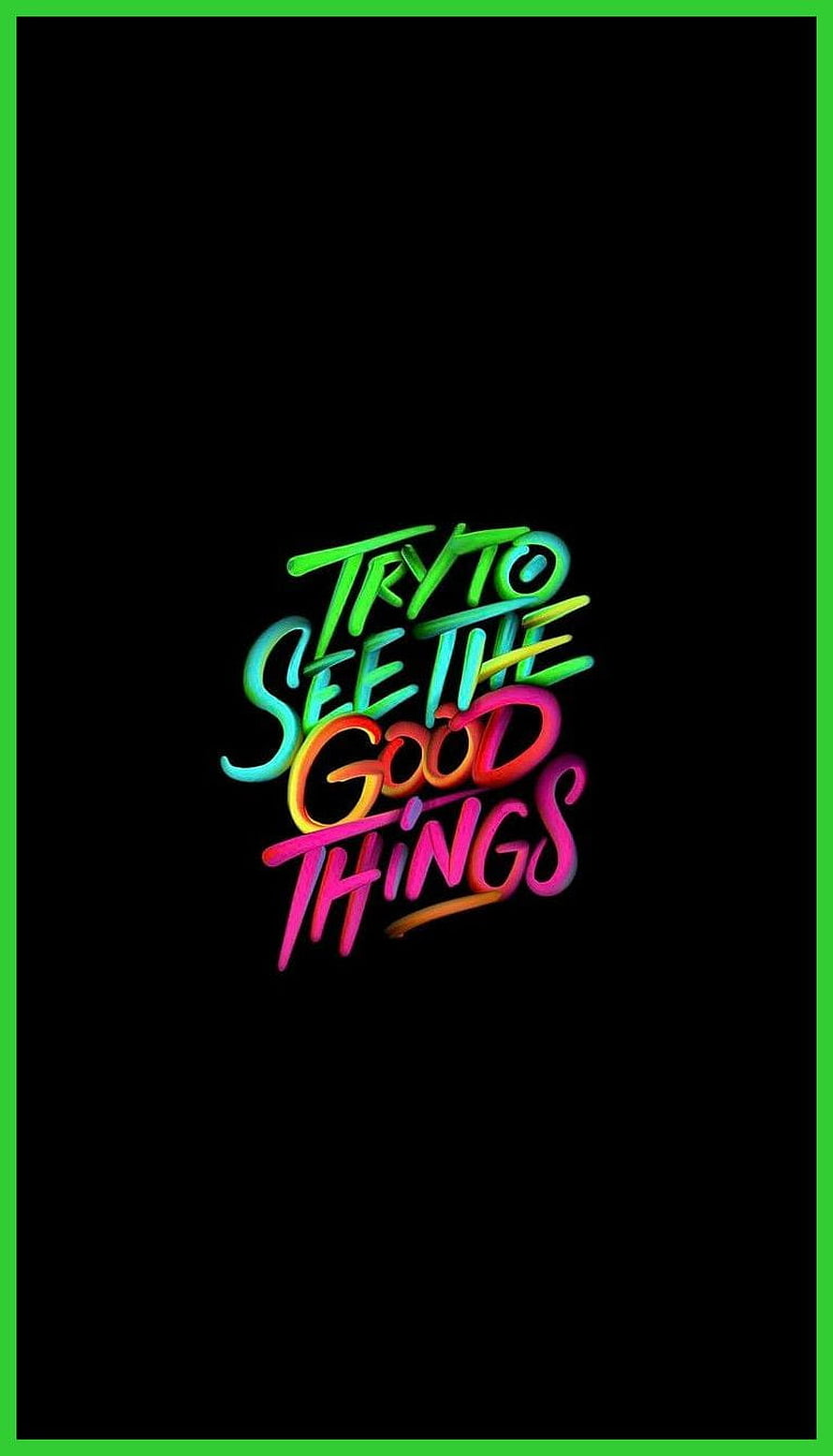 Vibrant Rainbow Gradient Typography on Black Background with Green Border HD phone wallpaper