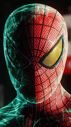 Spider-Man Iron Spider Suit Close-Up with Glowing Web Pattern and Golden Eyes, 13 pro max Spiderman remastered - Update, Best and background : Update, Best and background, 13 Pro HD phone wallpaper