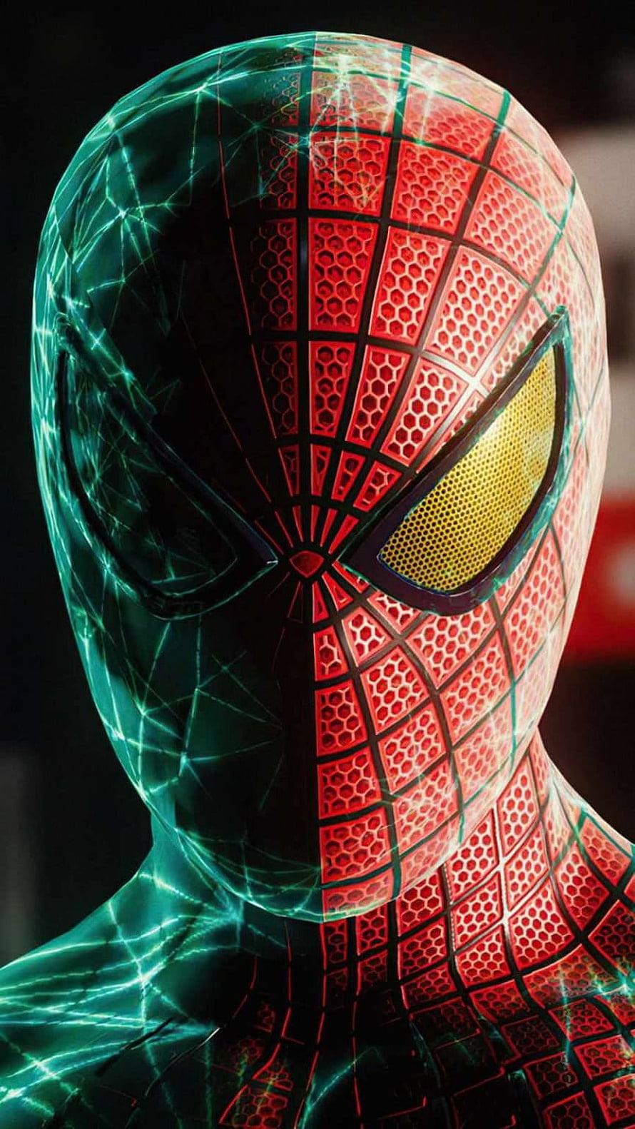 Spider-Man Iron Spider Suit Close-Up with Glowing Web Pattern and Golden Eyes, 13 pro max Spiderman remastered - Update, Best and background : Update, Best and background, 13 Pro HD phone wallpaper