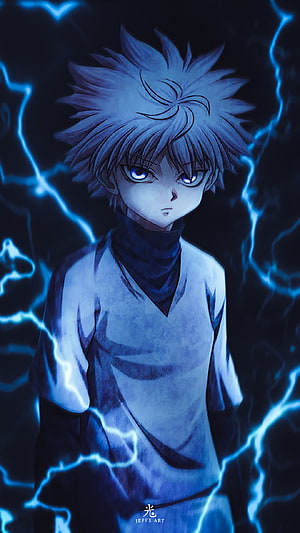 Killua Zoldyck from Hunter x Hunter Surrounded by Blue Lightning in Dark Anime Art HD phone wallpaper