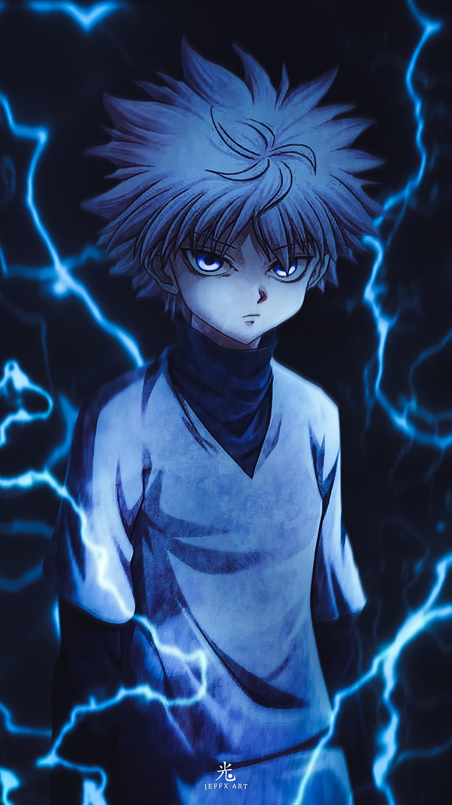Killua Zoldyck from Hunter x Hunter Surrounded by Blue Lightning in Dark Anime Art HD phone wallpaper