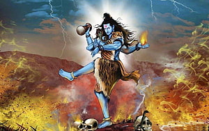 Lord Shiva Rudra Avatar with Trishul and Tiger Skin in Stormy Landscape HD wallpaper