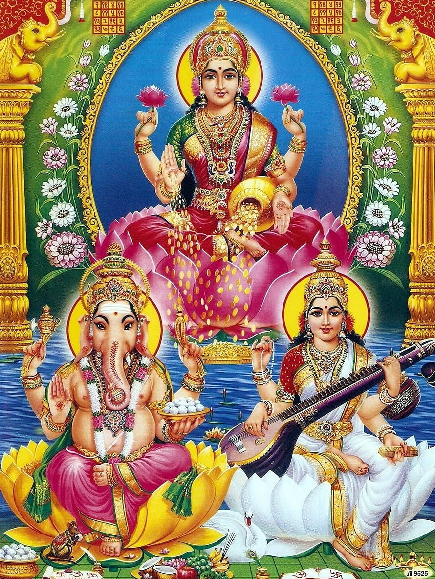 Lakshmi Ganesh Saraswati Hindu Deity Painting on Lotus Flowers HD phone wallpaper