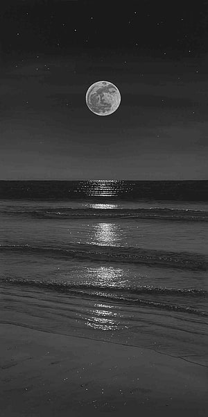 Monochrome Full Moon Over Ocean Waves With Starry Night Sky HD phone wallpaper