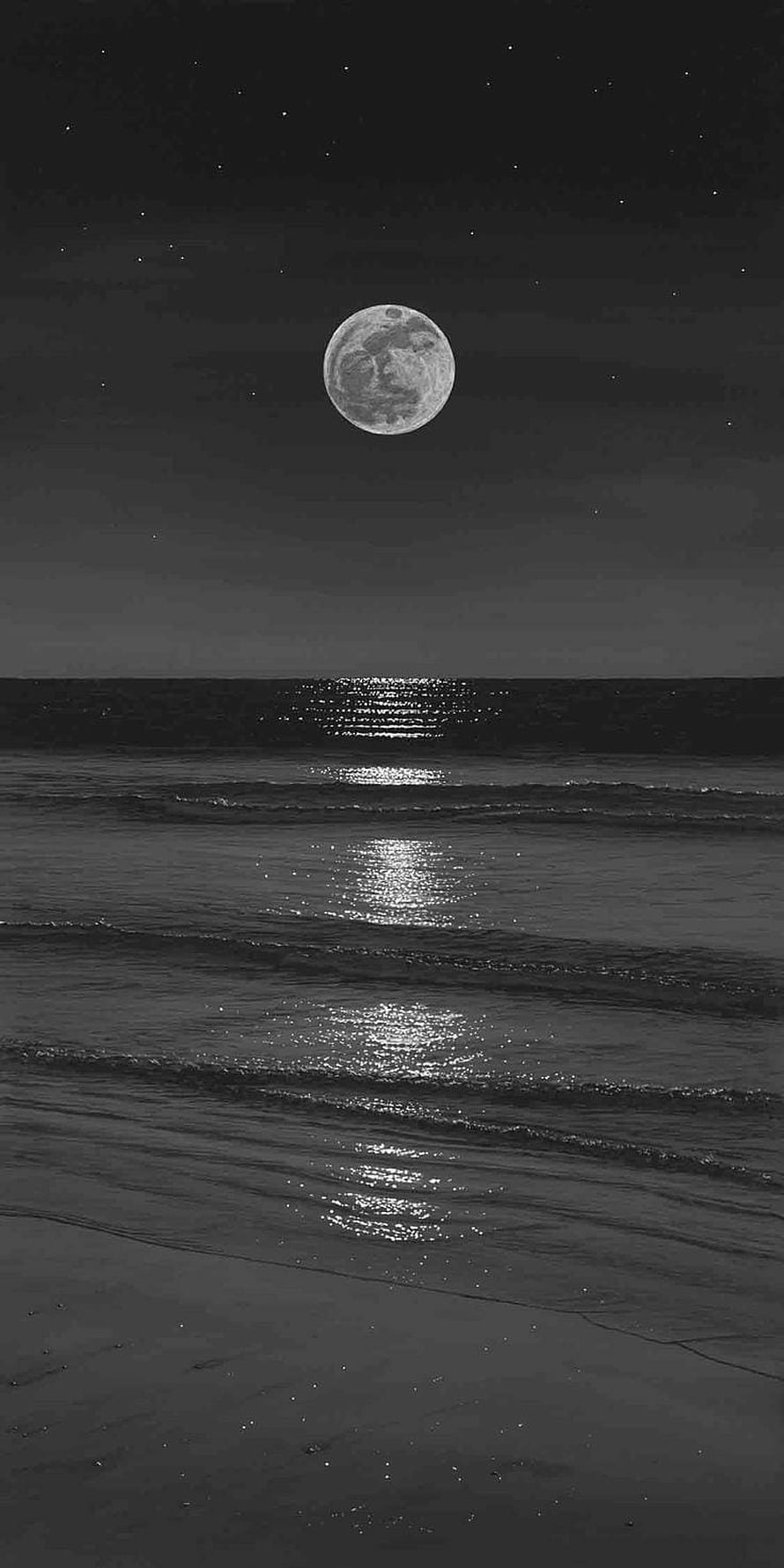 Monochrome Full Moon Over Ocean Waves With Starry Night Sky HD phone wallpaper