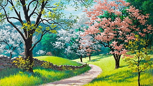 Painted Spring Landscape with Cherry Blossoms and Winding Path HD wallpaper