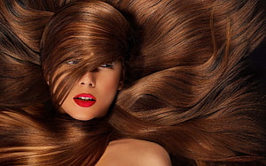 Elegant Woman With Flowing Chestnut Hair And Bold Red Lipstick Beauty Portrait HD wallpaper