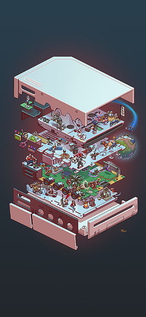 Isometric Exploded View of Nintendo Wii Console Revealing Miniature Gaming Worlds HD phone wallpaper