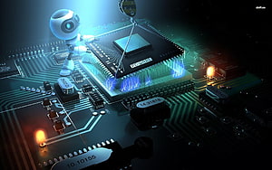 Cute Robot Working on Glowing Microchip Circuit Board with Blue Electric Sparks HD wallpaper