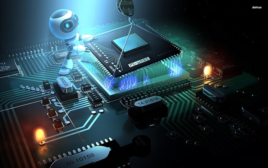 Cute Robot Working on Glowing Microchip Circuit Board with Blue Electric Sparks HD wallpaper