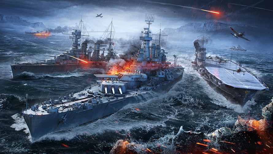 World of Warships Naval Battle Scene with Battleships and Aircraft Carrier in Stormy Seas HD wallpaper