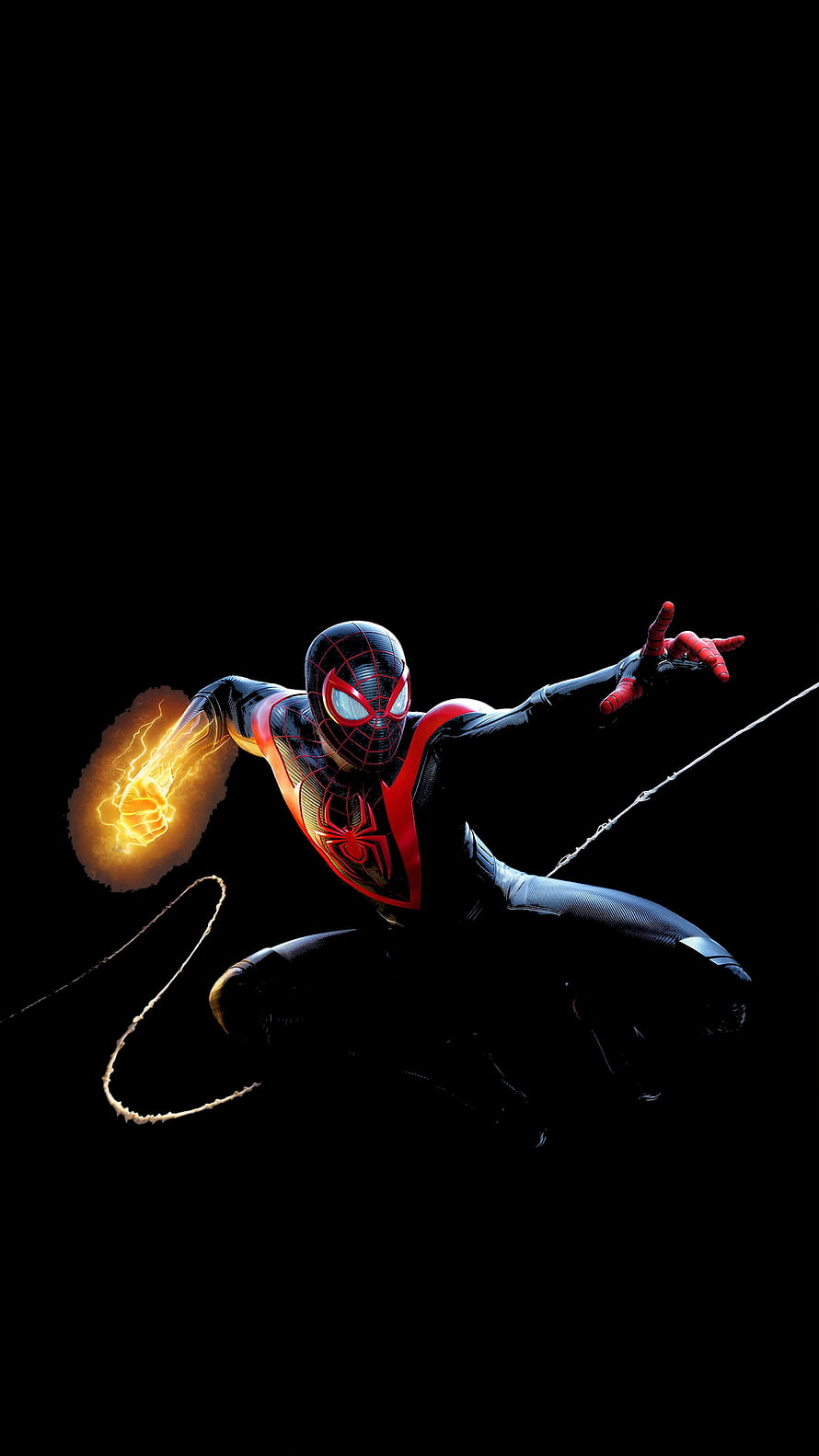 Miles Morales Spider-Man in Black and Red Suit with Electric Web Strike on Dark Background, Spider Man: Miles Morales OLED : Spiderman, Miles Morales PS5 HD phone wallpaper