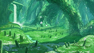 Made In Abyss Lush Green Forest Landscape With Waterfall And Stream HD wallpaper