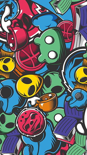 Vibrant Graffiti Artwork Featuring Colorful Alien Masks and Abstract Shapes HD phone wallpaper