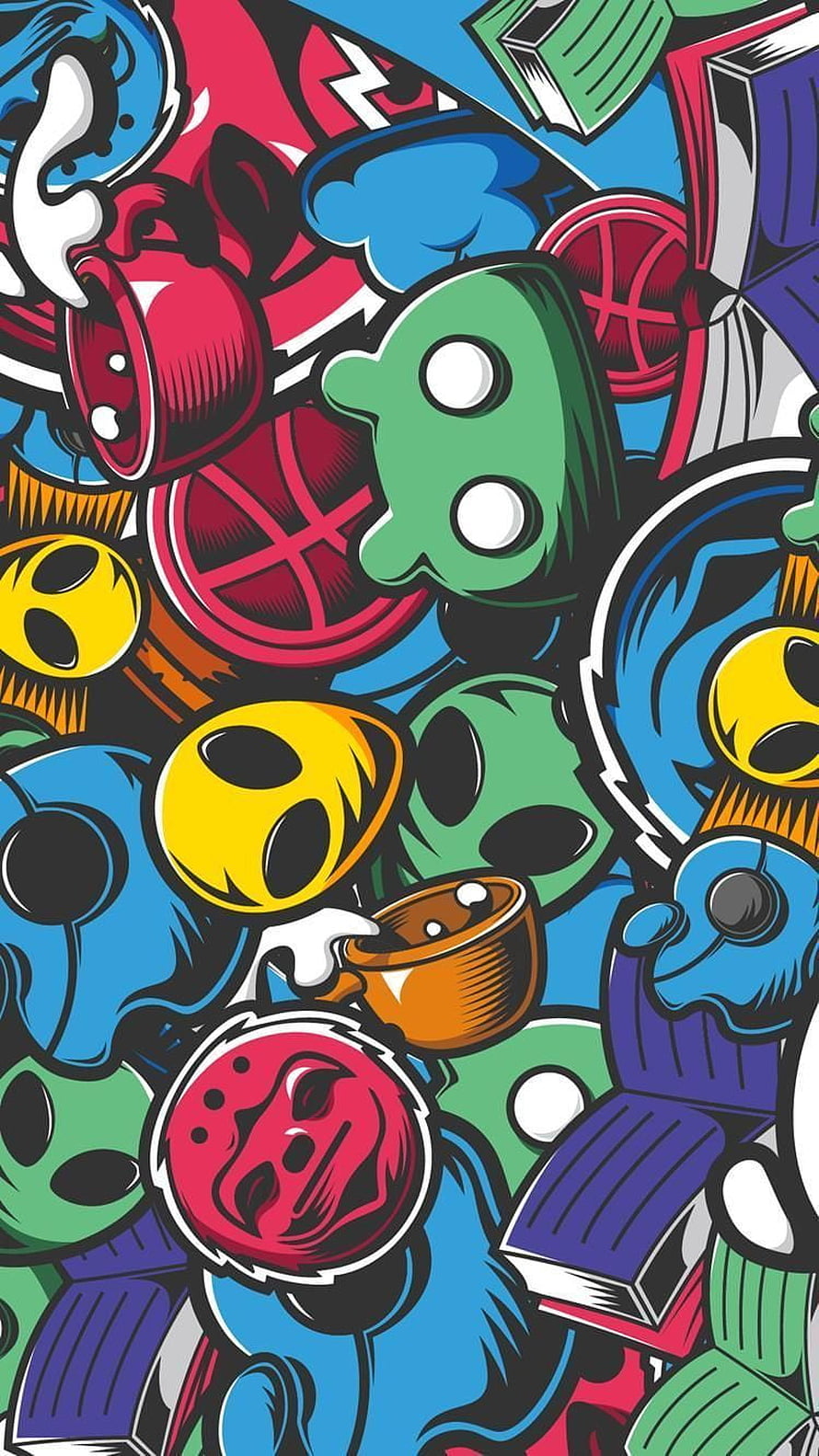 Vibrant Graffiti Artwork Featuring Colorful Alien Masks and Abstract Shapes HD phone wallpaper