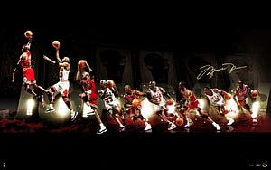 Michael Jordan Chicago Bulls Action Montage with Signature and Court Lighting HD wallpaper