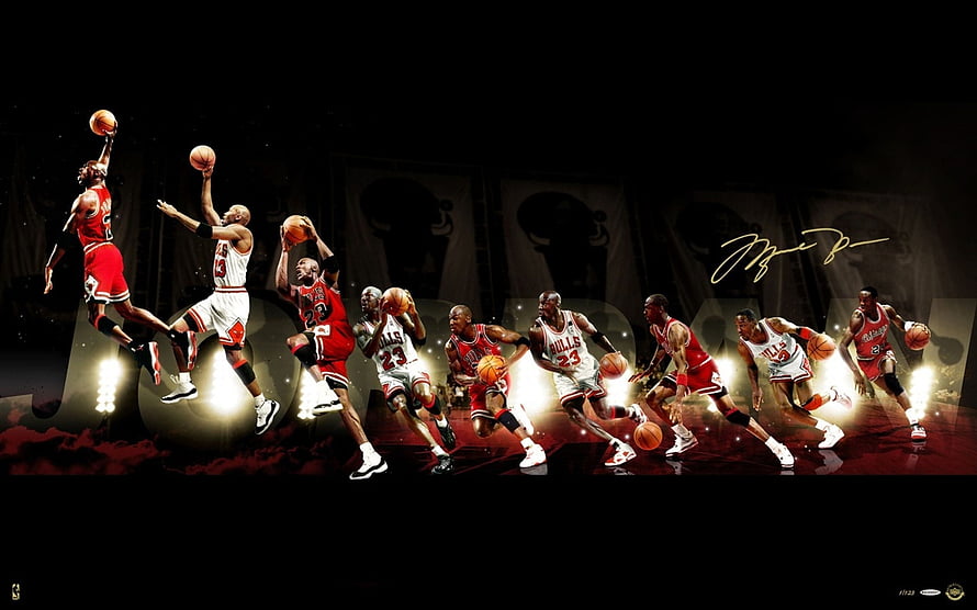 Michael Jordan Chicago Bulls Action Montage with Signature and Court Lighting HD wallpaper