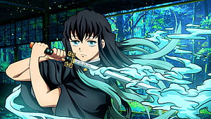 Muichiro Tokito Wielding Mist Breathing Sword in Demon Slayer Anime Scene HD wallpaper