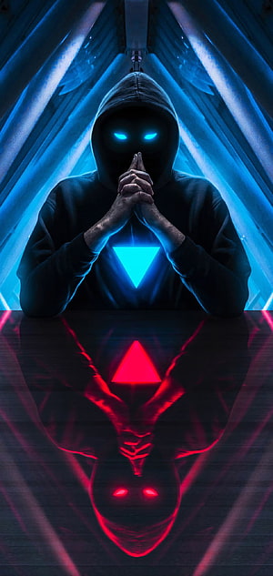 Mysterious Hooded Figure with Glowing Blue Eyes and Neon Triangle Reflection HD phone wallpaper