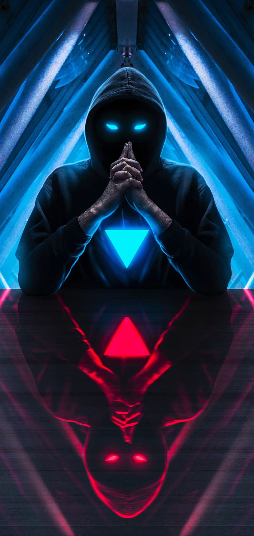 Mysterious Hooded Figure with Glowing Blue Eyes and Neon Triangle Reflection HD phone wallpaper