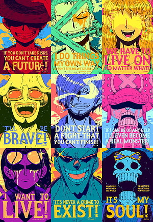 One Piece Straw Hat Crew Character Quotes Poster with Bold Pop Art Style HD phone wallpaper