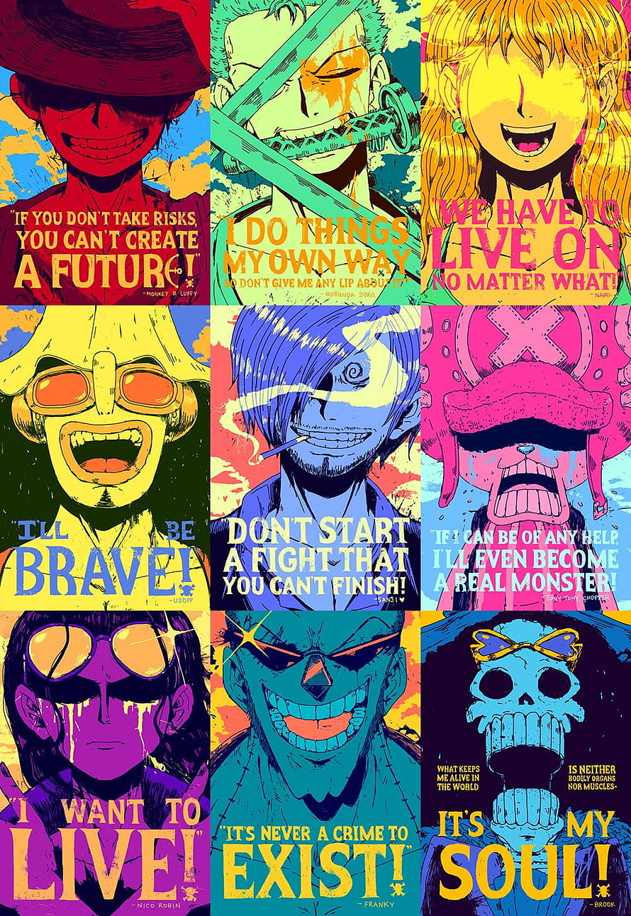 One Piece Straw Hat Crew Character Quotes Poster with Bold Pop Art Style HD phone wallpaper