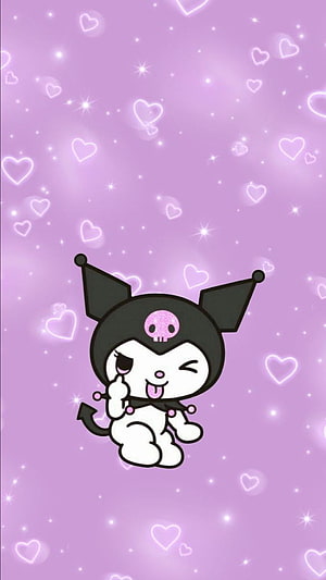 Cute Kuromi Winking on a Sparkling Pink Heart Background HD phone wallpaper