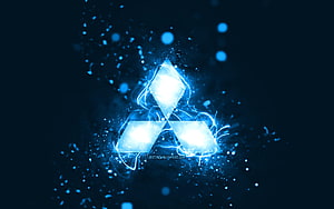 Glowing Blue Mitsubishi Logo with Electric Neon Effects on Dark Background HD wallpaper