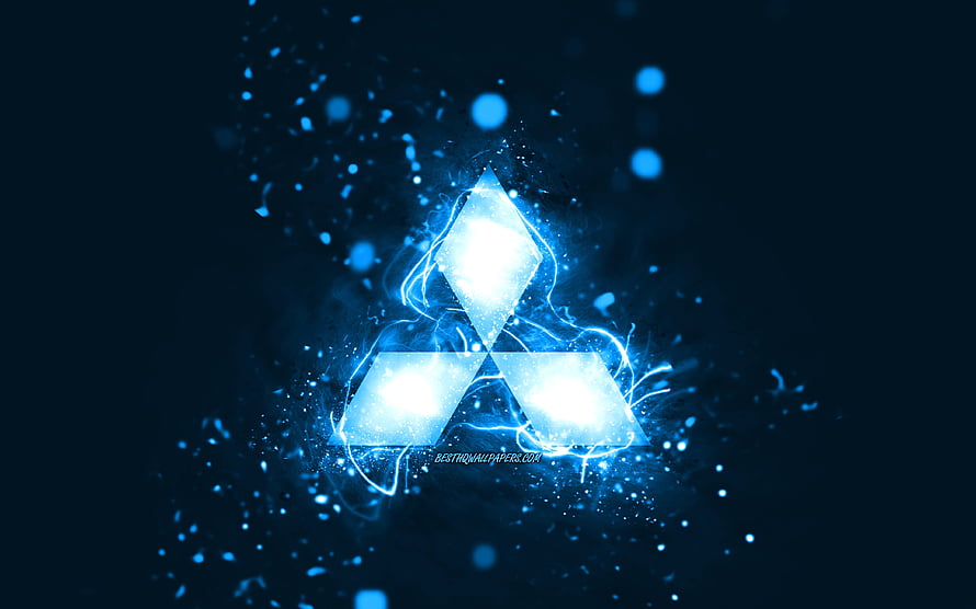 Glowing Blue Mitsubishi Logo with Electric Neon Effects on Dark Background HD wallpaper