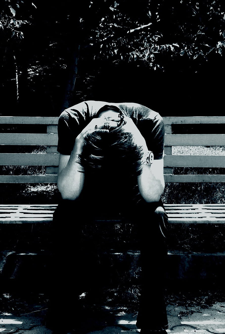 Lonely Man Sitting on Park Bench with Head in Hands in Black and White HD phone wallpaper