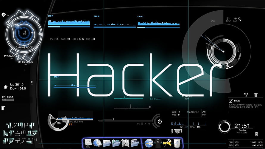 Futuristic Hacker Dashboard Interface with Glowing Cyan System Metrics and Gaming Mode Display HD wallpaper