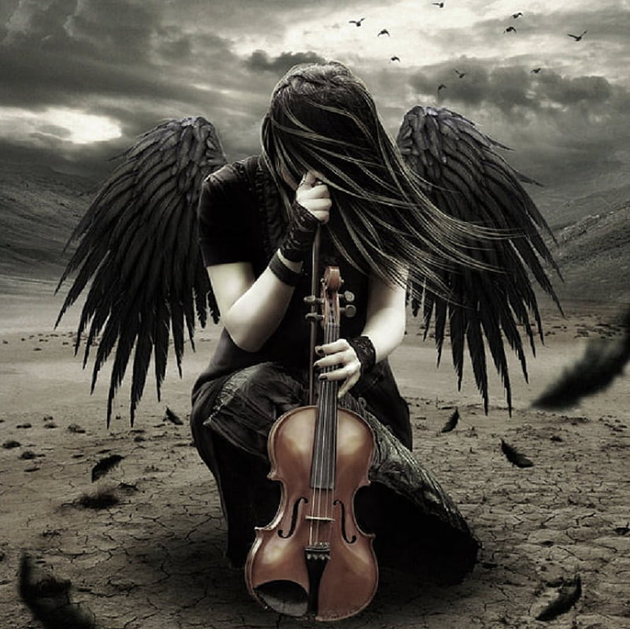 Dark Angel Woman Playing Violin in Desolate Landscape HD wallpaper