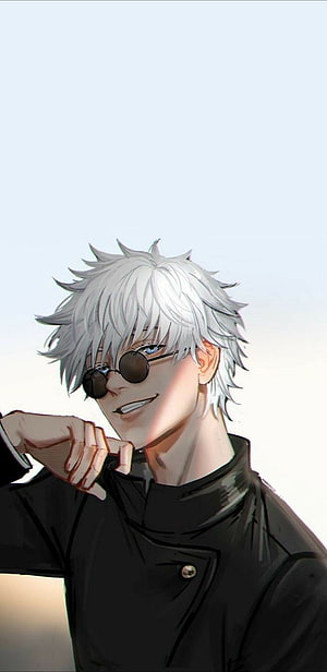 Gojo Satoru Anime Character Wearing Round Sunglasses and Black High-Neck Jacket HD phone wallpaper