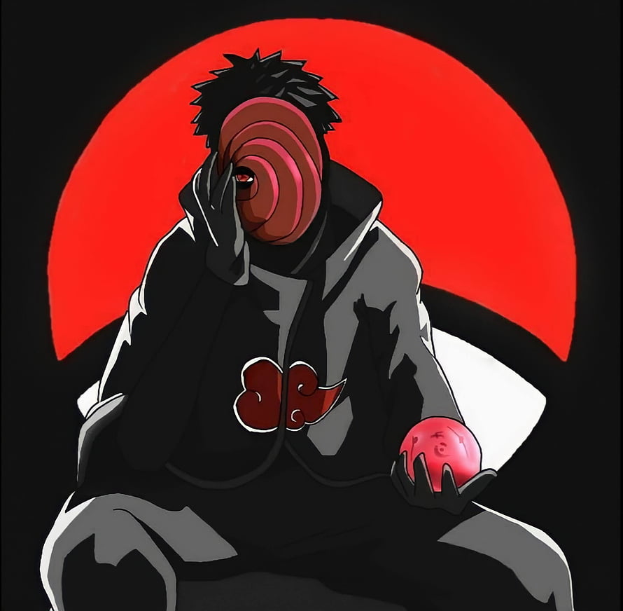 Obito Uchiha in Akatsuki Robe with Sharingan Eye and Red Orb Against Crimson Moon HD wallpaper
