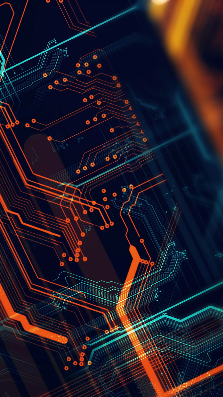 Abstract Circuit Board Digital Art with Glowing Orange and Cyan Traces on Dark Background HD phone wallpaper