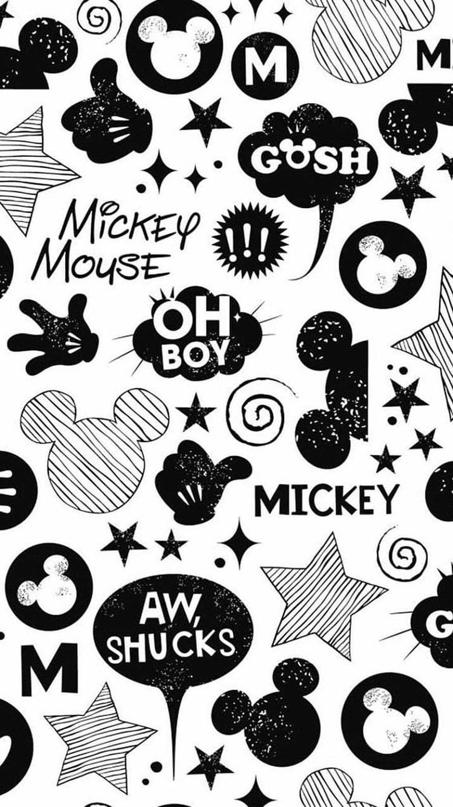 Mickey Mouse Black and White Pattern with Stars and Speech Bubbles HD phone wallpaper