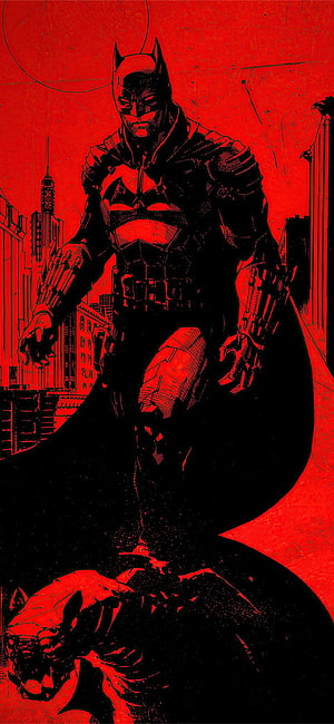 Batman Standing Over Fallen Figure in High Contrast Red and Black Comic Art HD phone wallpaper