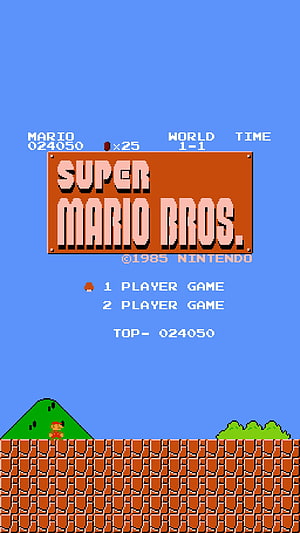 Super Mario Bros NES Title Screen with Pixel Art Landscape and Blue Sky HD phone wallpaper