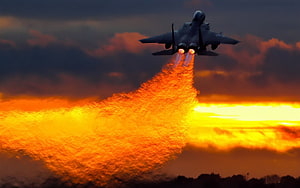 F-15E Strike Eagle Fighter Jet Launching With Afterburners At Sunset HD wallpaper