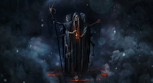 Dark Fantasy Skeletal Figures Holding Glowing Cross and Staff in Misty Atmosphere HD wallpaper