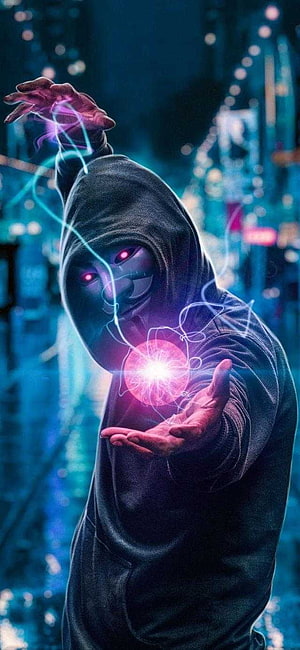 Mysterious Hooded Figure Channeling Neon Energy in Cyberpunk City HD phone wallpaper