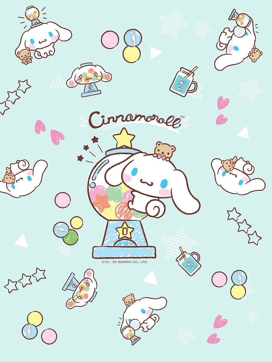 Cute Cinnamoroll Gacha Machine Pattern on Mint Background with Stars and Hearts HD phone wallpaper