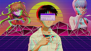Neon Genesis Evangelion Retro Synthwave Anime Artwork with Grid Landscape HD wallpaper