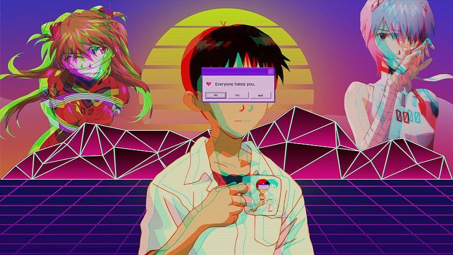 Neon Genesis Evangelion Retro Synthwave Anime Artwork with Grid Landscape HD wallpaper