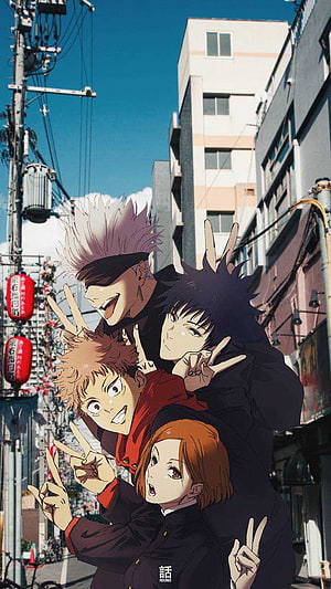 Jujutsu Kaisen Anime Characters Posing on a Japanese City Street HD phone wallpaper