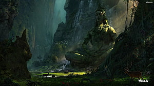 Lord Shiva Meditating in a Lush Jungle with Waterfalls and Deer HD wallpaper