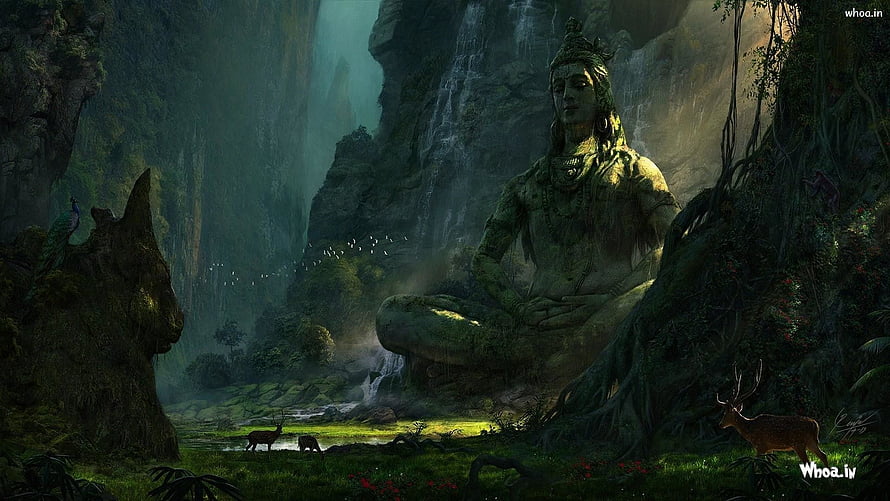 Lord Shiva Meditating in a Lush Jungle with Waterfalls and Deer HD wallpaper