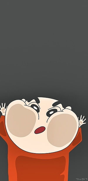 Cute Shinchan Anime Character with Puffed Cheeks and Red Shirt on Dark Background HD phone wallpaper