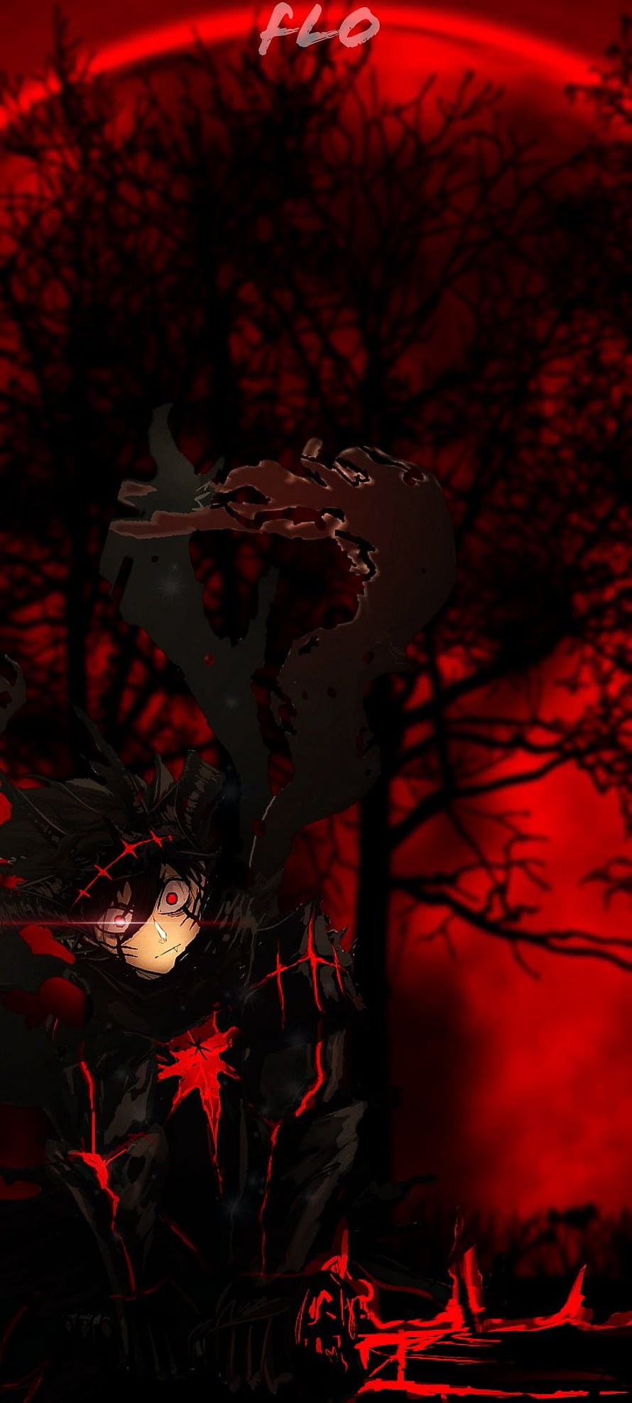 Asta from Black Clover in a dark red forest with glowing eyes and shadowy aura HD phone wallpaper